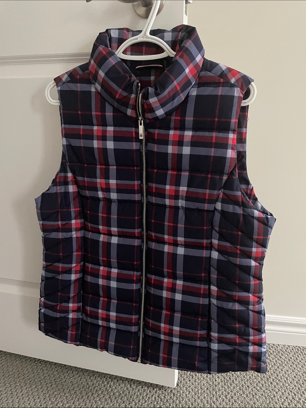 Tommy Hilfiger Plaid Quilted Vest in Navy, Red & Gray